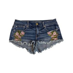 Denim Shorty Shorts Womens 8 Floral Embroidered Frayed Hem, Boho Whimsical